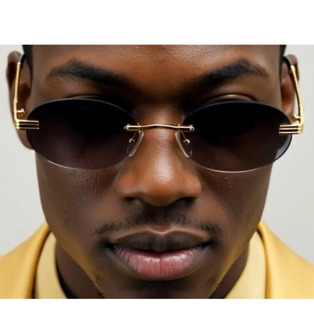Rimless Sunglasses Oval Gray Black Lens Gold Frame Men's‎ Fashion Eyewear Lentes